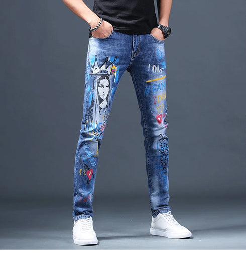 Slim Fit Korean Streetwear Graphical Printed Luxury Hip-Hop Stretch Denim Jeans for Men - Perfect Medium Wash Jeans Outfit